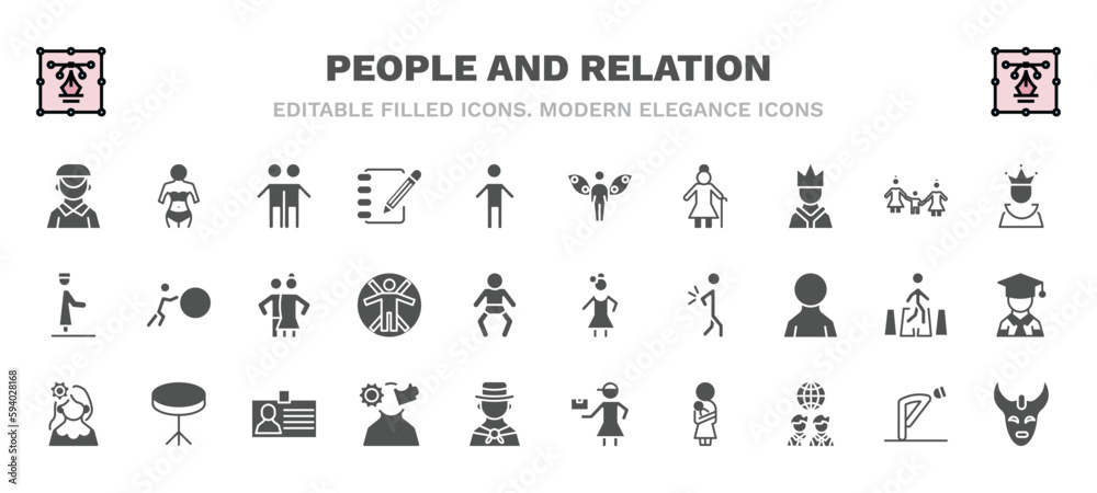 set of people and relation filled icons. people and relation glyph icons such as dutch, brothers, grace, empress, snuggle, costa rica, venezuelan, psychology, mother and baby, devil mask vector. set of people and relation filled icons. people and relation glyph icons such as dutch, brothers, grace, empress, snuggle, costa rica, venezuelan, psychology, mother and baby, devil mask vector.