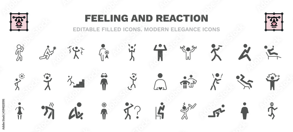 set of feeling and reaction filled icons. feeling and reaction glyph icons such as bad human, shocked human, amazed human, relaxed blah in love sexy incomplete pissed crappy vector.
