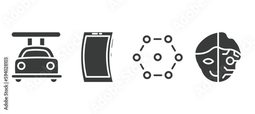 set of ai and future technology filled icons. ai and future technology glyph icons included high speed tube, mobile flexible display, ar camera, cyborg vector.