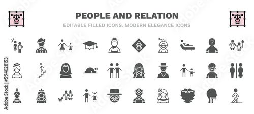 set of people and relation filled icons. people and relation glyph icons such as sexual harassment, mother and daughter, baby zone, babysitter child, arab woman, female doctor, spanish woman, father