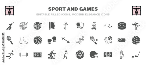 set of sport and games filled icons. sport and games glyph icons such as skating, dartboard with dart, boxing glove, taekwondo, volleyball ball, ice skating man, wushu, biathlon, baseball helmet,
