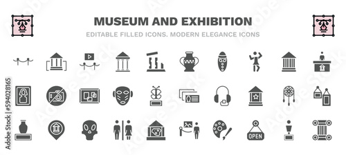 set of museum and exhibition filled icons. museum and exhibition glyph icons such as museum fencing, electronics, porcelain, information desk, pop art, postcards, ceramic, restroom, palette, antique