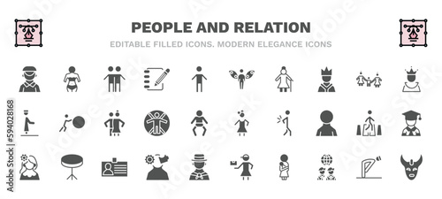 set of people and relation filled icons. people and relation glyph icons such as dutch, brothers, grace, empress, snuggle, costa rica, venezuelan, psychology, mother and baby, devil mask vector.