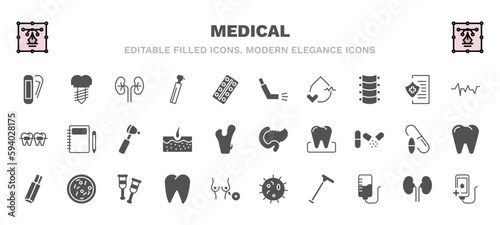 set of medical filled icons. medical glyph icons such as plaster, kidney, inhalator, lifeline, otoscope, pancreas, gum, tooth, walking stick, transfusion vector.