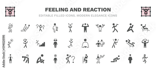 set of feeling and reaction filled icons. feeling and reaction glyph icons such as bad human, shocked human, amazed human, relaxed blah in love sexy incomplete pissed crappy vector.