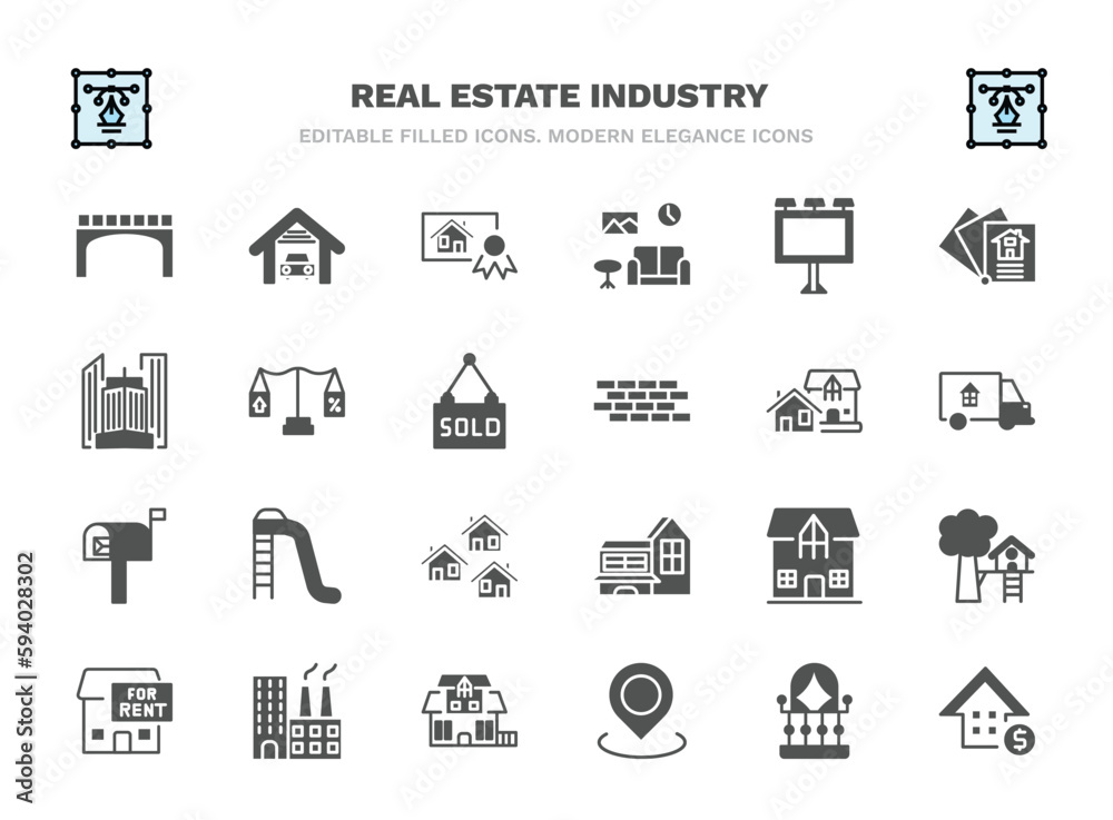 set of real estate industry filled icons. real estate industry glyph icons such as bridges, certification, billboard, juridical, houses, slides, mansion, industrial park, map location, real estate