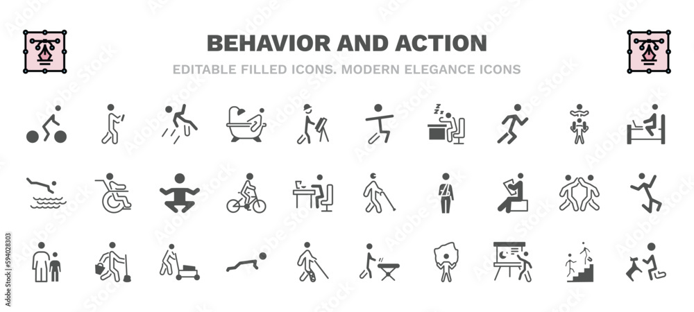 set of behavior and action filled icons. behavior and action glyph icons such as man cycling, man falling, man warming up, laptop chatting on bed, yoga position, blindman with cane, child with stick