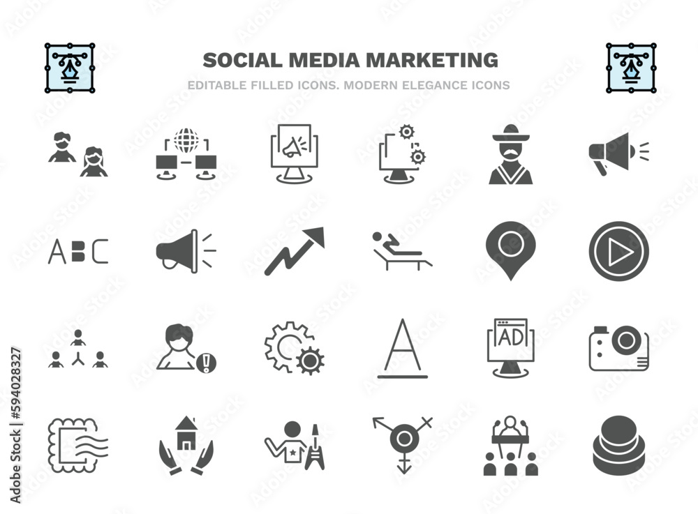 set of social media marketing filled icons. social media marketing glyph icons such as avatars, digital marketing, mexican man, promotion, , user warning, ad, homeless, transgender, buttons vector.
