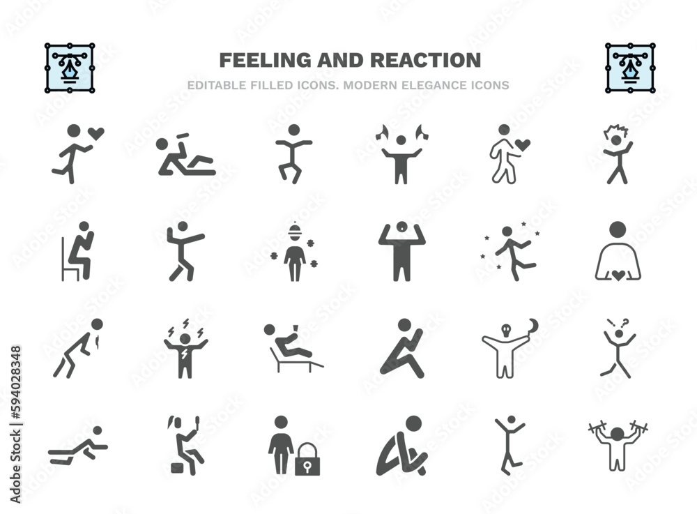 set of feeling and reaction filled icons. feeling and reaction glyph icons such as loved human, stupid human, lovely human, amazing great energized horrible pretty sad strong vector. set of feeling and reaction filled icons. feeling and reaction glyph icons such as loved human, stupid human, lovely human, amazing great energized horrible pretty sad strong vector.