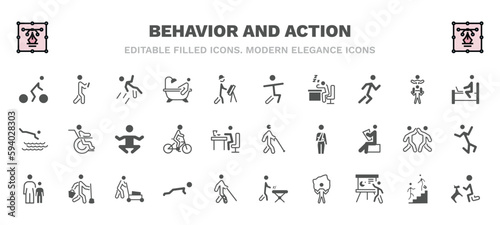 set of behavior and action filled icons. behavior and action glyph icons such as man cycling, man falling, man warming up, laptop chatting on bed, yoga position, blindman with cane, child with stick