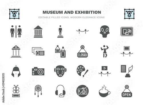 set of museum and exhibition filled icons. museum and exhibition glyph icons such as restroom, statue, remains, postcards, ballet, photographic, electronics, dreamcatcher, no photo, open vector.