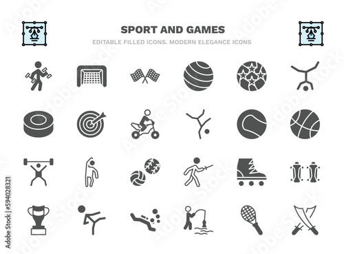 set of sport and games filled icons. sport and games glyph icons such as excercise, chequered flag, soccer football ball, dartboard with dart, tennis sport ball, left bend, roller skate, karate