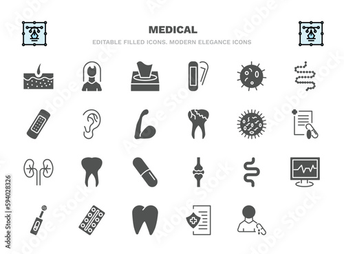 set of medical filled icons. medical glyph icons such as epidermis, tissue paper, microbe, ear, germs, teeth, intestine, , tooth, patient vector.