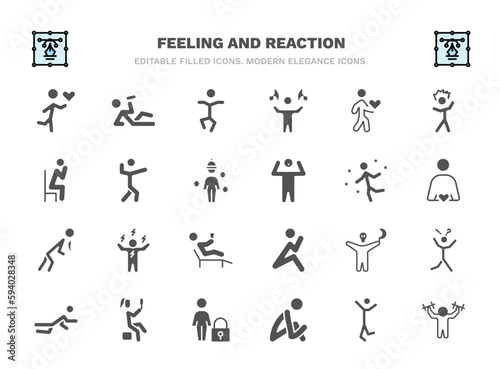 set of feeling and reaction filled icons. feeling and reaction glyph icons such as loved human, stupid human, lovely human, amazing great energized horrible pretty sad strong vector. © Abstract