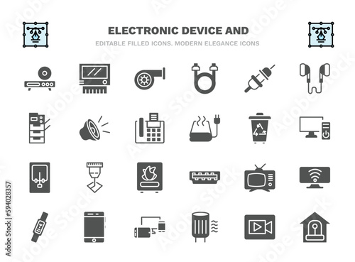 set of electronic device and filled icons. electronic device and glyph icons such as dvd player, turbine, connector, speakers, trash compactor, laser hine, television, phones, air purifier, burglar