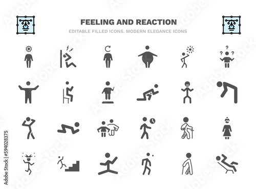 set of feeling and reaction filled icons. feeling and reaction glyph icons such as incomplete human, refreshed human, hot human, satisfied determined grateful broken blah anxious comfortable vector.