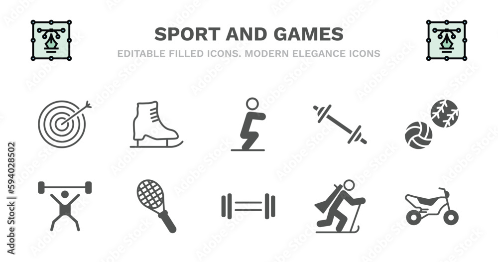 set of sport and games filled icons. sport and games glyph icons such as ice skating, squat, weighted bars, balls, weight lifting, weight lifting, squash, gym weight, biathlon, motocross vector. set of sport and games filled icons. sport and games glyph icons such as ice skating, squat, weighted bars, balls, weight lifting, weight lifting, squash, gym weight, biathlon, motocross vector.