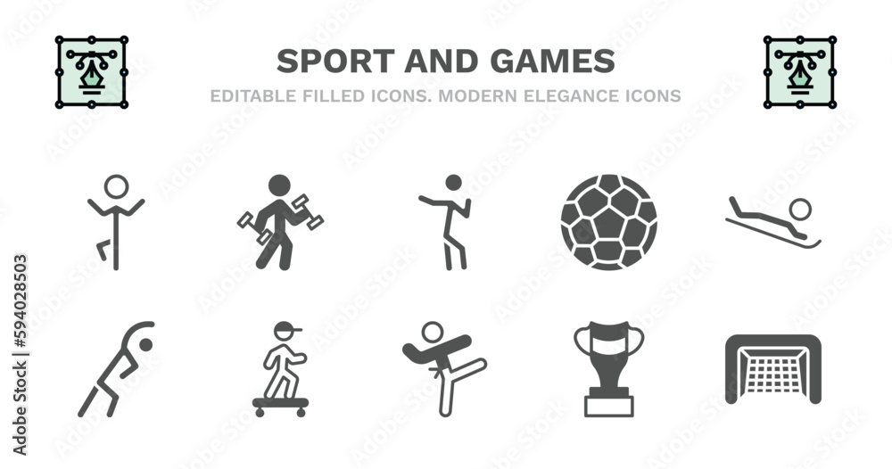 Fototapeta premium set of sport and games filled icons. sport and games glyph icons such as excercise, dancing motion, football ball, snow slide zone, stretching, stretching, boy with skatingboard, taekwondo,