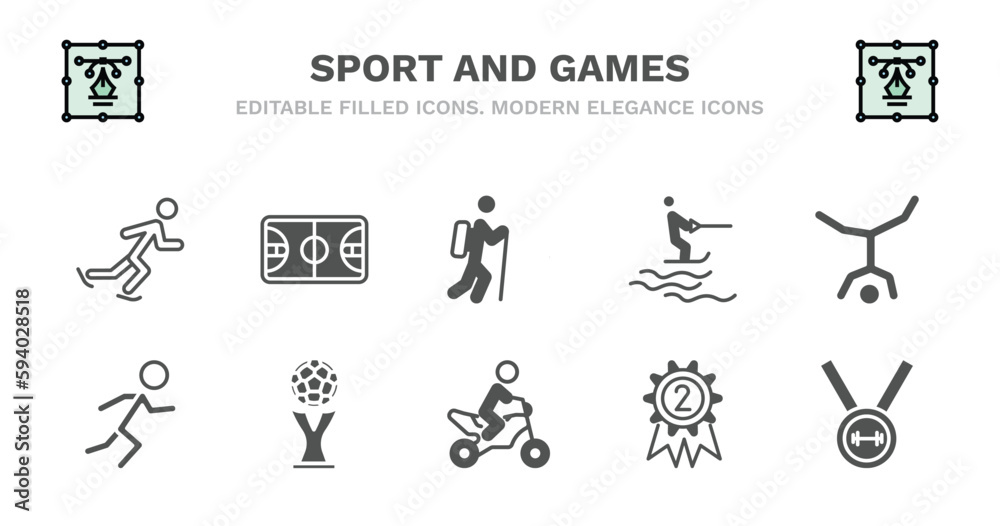 set of sport and games filled icons. sport and games glyph icons such as basketball court, trekking, jet surfing, capoeira, man sprinting, man sprinting, world cup, motorbike riding, second prize,