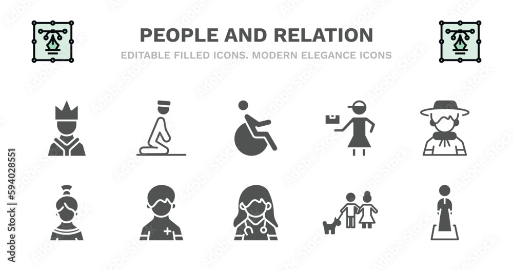 set of people and relation filled icons. people and relation glyph icons such as julus, handicapped, delivery woman, argentina, spanish woman, spanish woman, pacient, female doctor, man girl and set of people and relation filled icons. people and relation glyph icons such as julus, handicapped, delivery woman, argentina, spanish woman, spanish woman, pacient, female doctor, man girl and