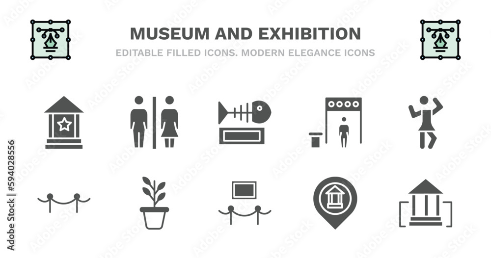 set of museum and exhibition filled icons. museum and exhibition glyph icons such as restroom, fishbone, metal detector, ballet, museum fencing, fencing, botanical, exhibit, map, buffalo vector. set of museum and exhibition filled icons. museum and exhibition glyph icons such as restroom, fishbone, metal detector, ballet, museum fencing, fencing, botanical, exhibit, map, buffalo vector.
