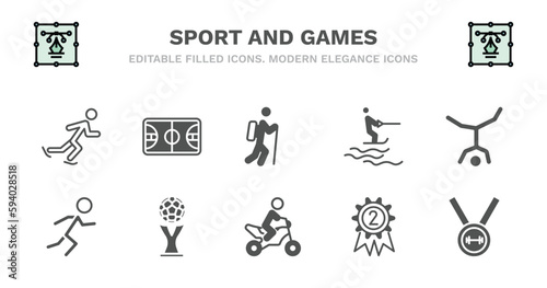 set of sport and games filled icons. sport and games glyph icons such as basketball court  trekking  jet surfing  capoeira  man sprinting  man sprinting  world cup  motorbike riding  second prize 