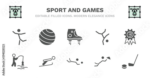 set of sport and games filled icons. sport and games glyph icons such as gym ball, flying shoes, breakdance, third, fisher fishing, fisher fishing, jumping ski, volleyball motion, waiter falling,
