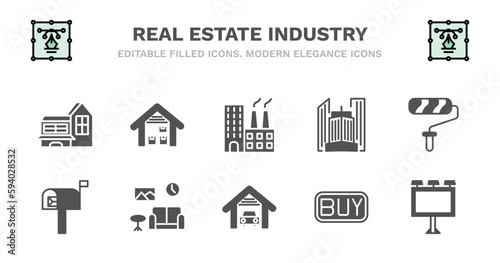 set of real estate industry filled icons. real estate industry glyph icons such as storehouse, industrial park, skyscraper, paint roll, mailbox, mailbox, house decoration, garage, buy, billboard