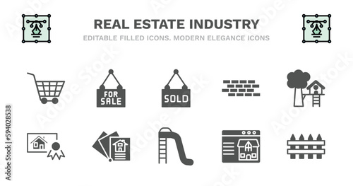 set of real estate industry filled icons. real estate industry glyph icons such as for sale, sold, wall, tree house, certification, certification, catalog, slides, real state, fence vector.