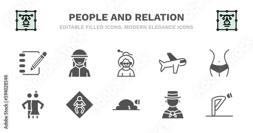 set of people and relation filled icons. people and relation glyph icons such as bedouin, old woman, aviation, hips, snuggle, snuggle, baby zone, sujud, colombian, ruku vector.