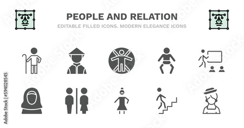 set of people and relation filled icons. people and relation glyph icons such as vietnamese, vitruvian man, baby with diaper, classroom stats, arab woman, arab woman, restroom, bearded woman,