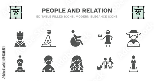 set of people and relation filled icons. people and relation glyph icons such as julus, handicapped, delivery woman, argentina, spanish woman, spanish woman, pacient, female doctor, man girl and