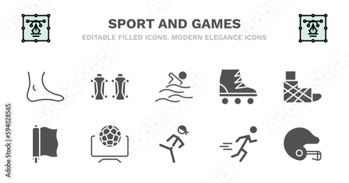 set of sport and games filled icons. sport and games glyph icons such as shin guards, swimming figure, roller skate, sprained ankle, foil, foil, football channel, pencak silat, excersice, baseball