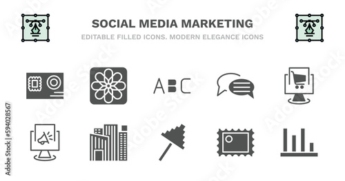 set of social media marketing filled icons. social media marketing glyph icons such as photos, letters, message, ecommerce, digital marketing, digital flats, pixelated, post stamp, stadistics