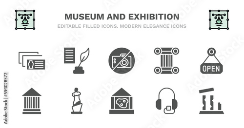 set of museum and exhibition filled icons. museum and exhibition glyph icons such as poetry, no photo, antique column, open, modern art, modern art, venus de milo, geological, audio guide, relics