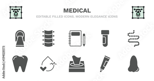 set of medical filled icons. medical glyph icons such as spinal column, notepad, blood sample, intestines, premolar, premolar, blood pressure, tissue paper, ointment, vector.