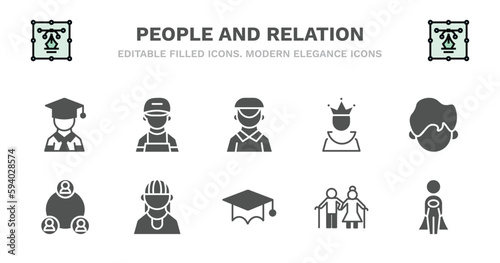 set of people and relation filled icons. people and relation glyph icons such as technician, dutch, empress, facial hair, serve, serve, amazonian, students graduation hat, old couple, cape vector.