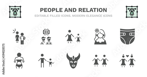 set of people and relation filled icons. people and relation glyph icons such as business partnership, mother and daughter, venezuelan, baby diaper, seductive, seductive, father children, devil