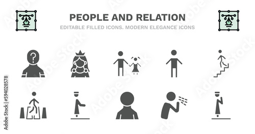 set of people and relation filled icons. people and relation glyph icons such as princes, father and daughter, small boy, downstairs, road crossing, road crossing, qiyam, male user, cough, takbir