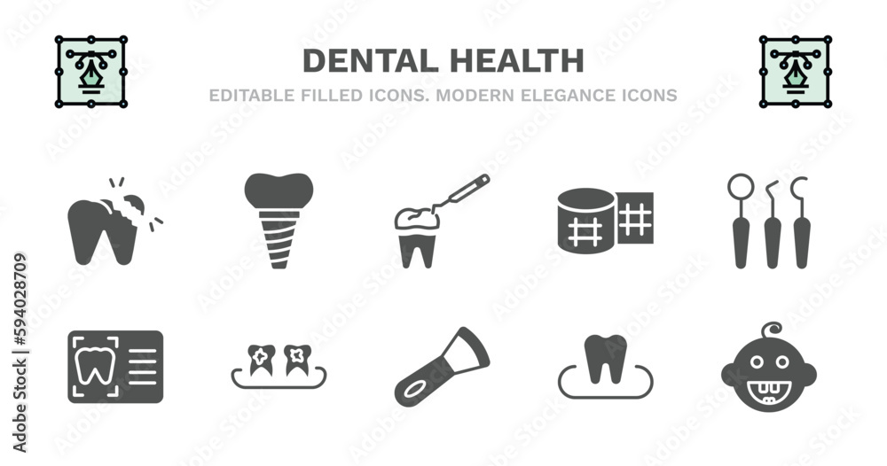 set of dental health filled icons. dental health glyph icons such as implant, tooth filling, gauze, dentist tools, dental monitor, monitor, plaque, scraping, occlusal, baby vector. set of dental health filled icons. dental health glyph icons such as implant, tooth filling, gauze, dentist tools, dental monitor, monitor, plaque, scraping, occlusal, baby vector.