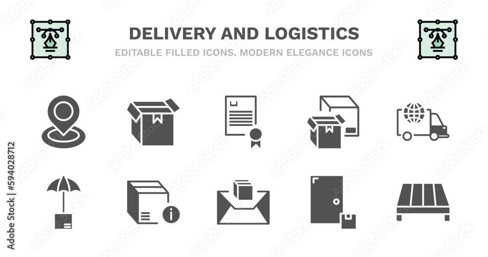 set of delivery and logistics filled icons. delivery and logistics glyph icons such as delivery box, charter, boxes, logistic, logistic umbrella, logistic umbrella, info, air mail, on door pallet set of delivery and logistics filled icons. delivery and logistics glyph icons such as delivery box, charter, boxes, logistic, logistic umbrella, logistic umbrella, info, air mail, on door pallet