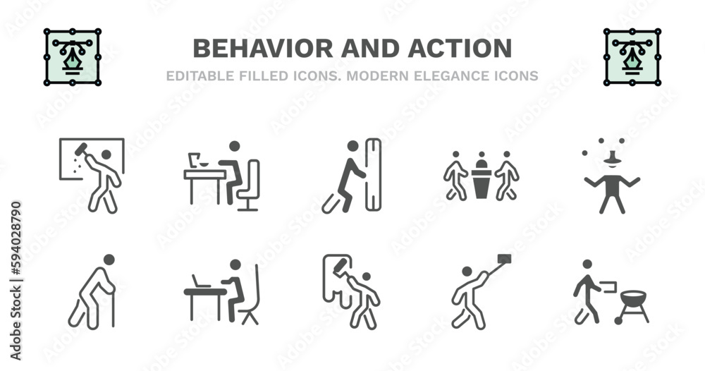 set of behavior and action filled icons. behavior and action glyph icons such as man eating, man pushing, three men conference, circus man, old walking, old walking, working at desk, painting wall,