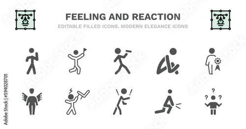 set of feeling and reaction filled icons. feeling and reaction glyph icons such as accomplished human, drained human, sad human, special fantastic fantastic pissed rough sore confused vector.