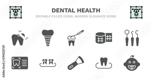 set of dental health filled icons. dental health glyph icons such as implant, tooth filling, gauze, dentist tools, dental monitor, monitor, plaque, scraping, occlusal, baby vector.