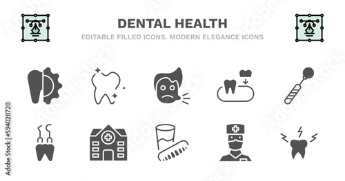 set of dental health filled icons. dental health glyph icons such as shiny tooth, sick boy, partial denture, mouth mirror, dental hook, hook, clinic, denture, male nurse, toothache vector.