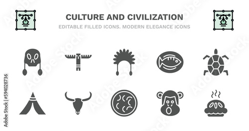 set of culture and civilization filled icons. culture and civilization glyph icons such as native american totem, indian headdress, cantonese fish, surfing a sea turtle, native american wigwam,