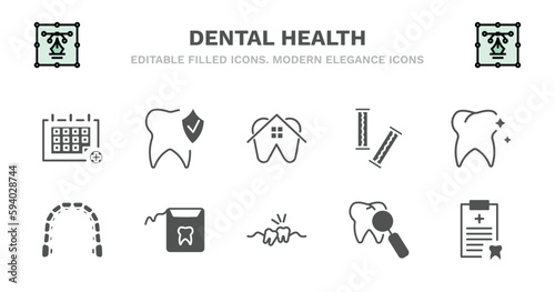 set of dental health filled icons. dental health glyph icons such as prophylaxis, dental house, chewing gum, tooth whitening, lingual braces, lingual braces, floss, wisdom tooth, check up, medical