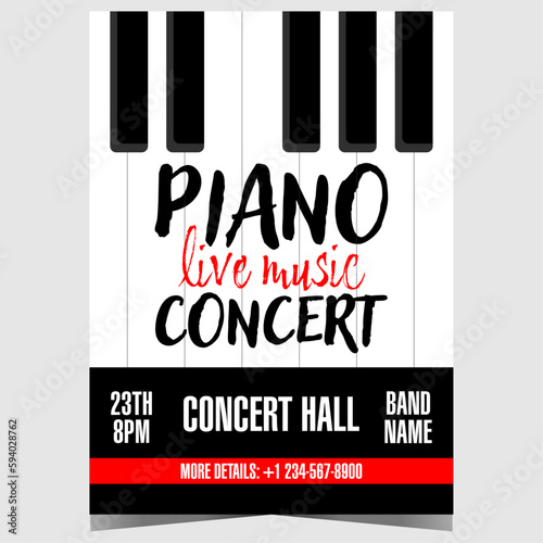 Piano music concert banner or poster with piano keys on background. Vector illustration of promo flyer or invitation leaflet for live piano music concert or festival. Ready to print isolated affiche.