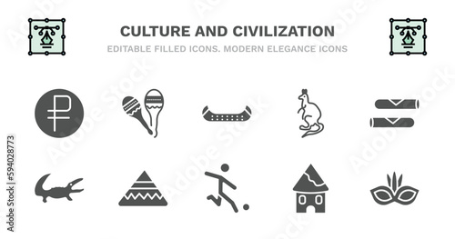 set of culture and civilization filled icons. culture and civilization glyph icons such as maracas couple, native american canoe, australian kangaroo, spring rolls, australian alligator, australian
