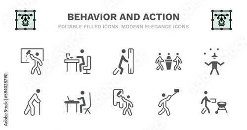 set of behavior and action filled icons. behavior and action glyph icons such as man eating, man pushing, three men conference, circus man, old walking, old walking, working at desk, painting wall,